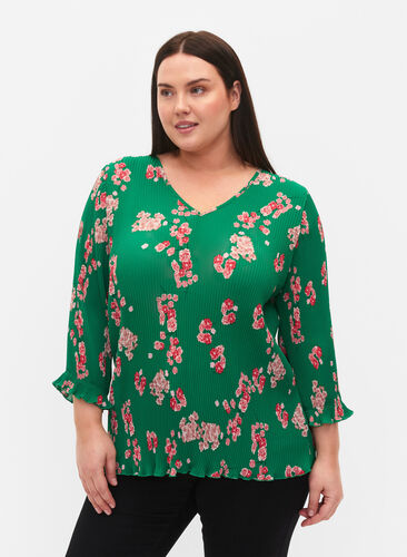 Plissierte Bluse mit 3/4-Ärmeln, Jolly Green Flower, Model image number 0