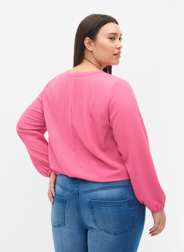 Unifarbene Bluse mit V-Ausschnitt, Shocking Pink, Model image number 1