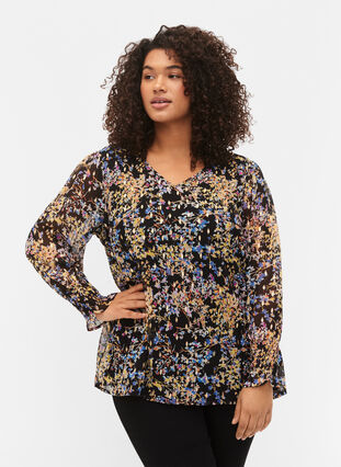 Geblümte Bluse mit langen Ärmeln und V-Ausschnitt, Black/Vibrant Flower, Model image number 0