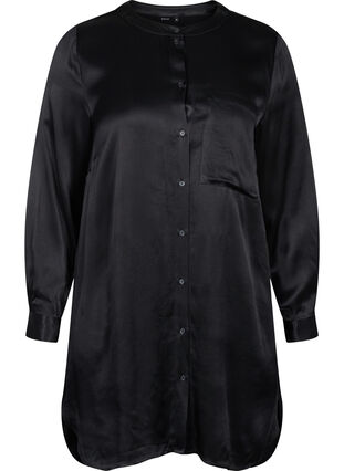 Langes glänzendes Hemd mit Einschnitt, Black, Packshot image number 0