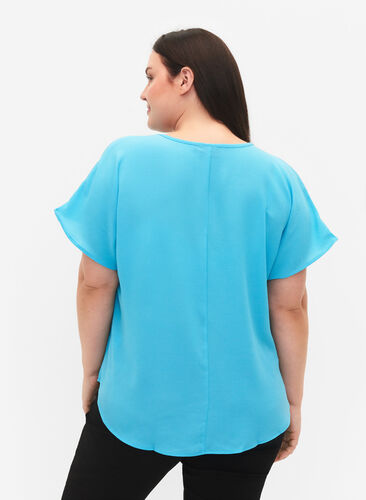 Bluse mit kurzen Ärmeln und Rundhalsausschnitt, Blue Atoll, Model image number 1