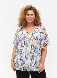 Bedruckte Bluse mit kurzen Ärmeln, Blue Flower AOP, Model