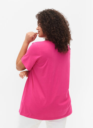 T-Shirt aus Baumwolle mit V-Ausschnitt und Druck, Fuchsia Purple Love, Model image number 1