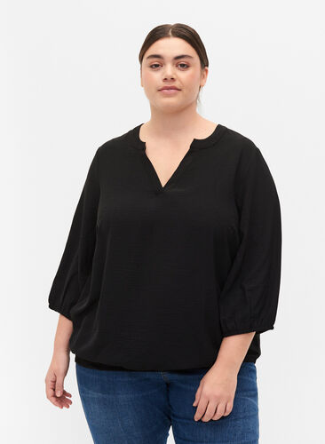 Bluse mit Smok und 3/4-Ärmeln, Black, Model image number 0