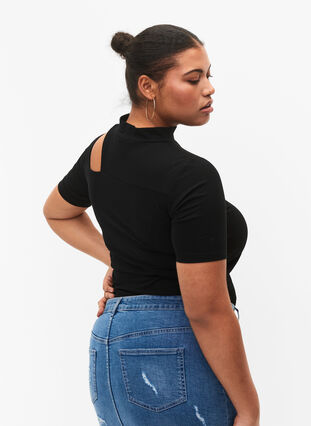 Kurzärmelige Bluse mit Cut-Out, Black, Model image number 1