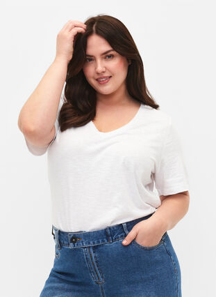 Kurzärmeliges Basic T-Shirt mit V-Ausschnitt, Bright White, Model image number 0