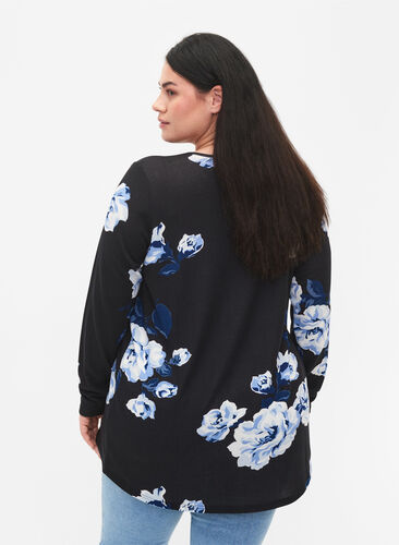 Geblümte Bluse mit langen Ärmeln, Black Flower, Model image number 1