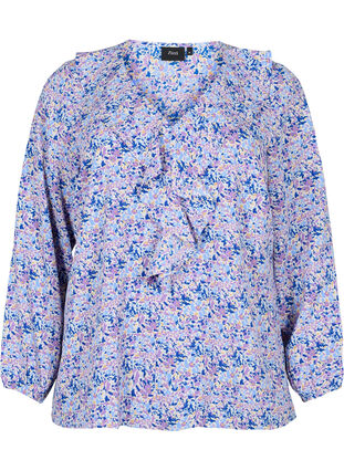 Bedruckte Bluse mit Rüschen , Purple Ditzy Flower, Packshot image number 0