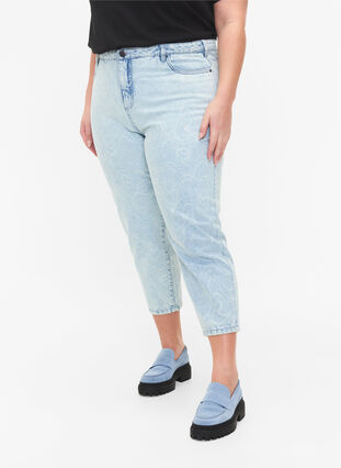 Cropped Mille Mom Jeans mit Print, Light blue denim, Model image number 2