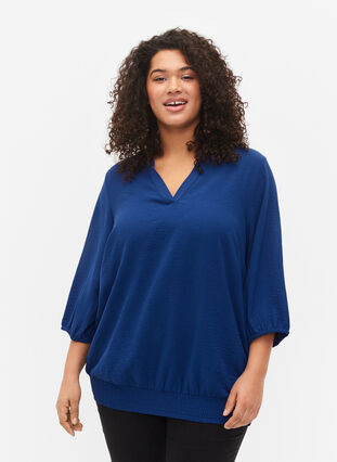 Bluse mit Smok und 3/4-Ärmeln, Blue Depths, Model image number 0