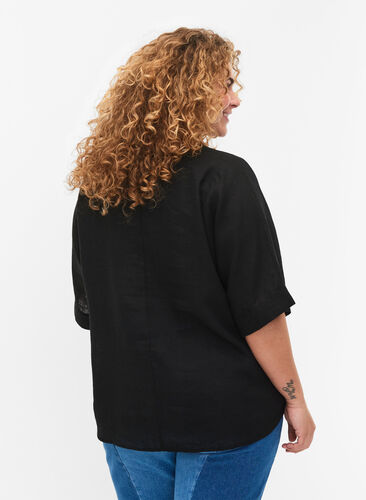 Kurzärmelige Bluse aus 100% Leinen, Black, Model image number 1