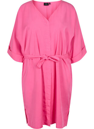 Kleid mit 3/4-Ärmeln und Bindeband, Shocking Pink, Packshot image number 0