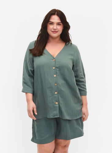 Bluse aus Viskose mit Knöpfen und V-Ausschnitt, Balsam Green, Model image number 0