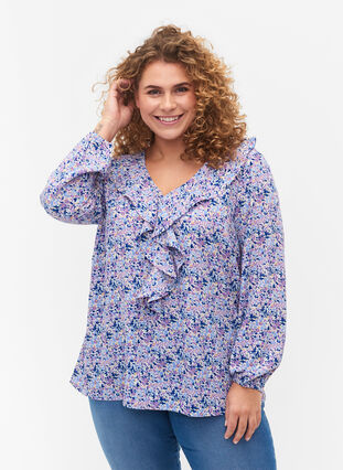 Bedruckte Bluse mit Rüschen , Purple Ditzy Flower, Model image number 0