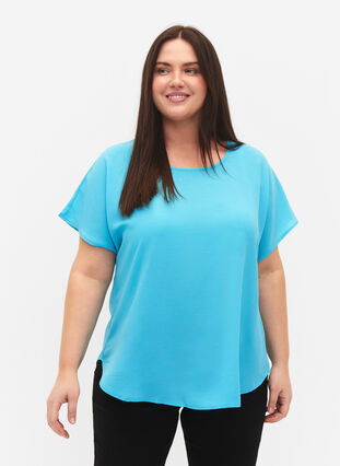 Bluse mit kurzen Ärmeln und Rundhalsausschnitt, Blue Atoll, Model image number 0