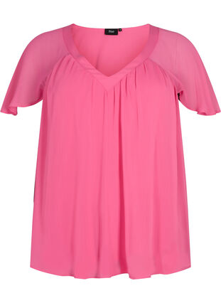 Einfarbige Bluse mit Fledermausärmeln und V-Ausschnitt, Shocking Pink, Packshot image number 0