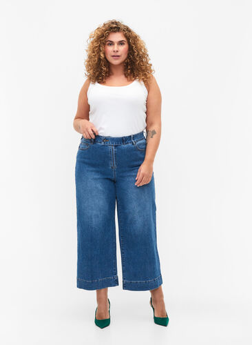 Cropped Jeans mit breitem Bein, Blue denim, Model image number 0