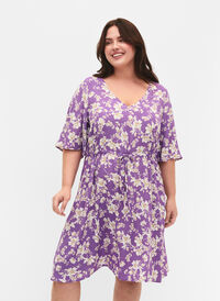 Kleid mit 1/2 Ärmeln und Blumenmuster aus Viskose, Purple Flower AOP, Model