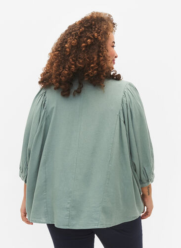 Viskose-Leinen-Mix-Shirt-Bluse mit 3/4-Ärmeln, Chinois Green, Model image number 1