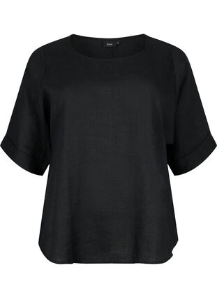 Kurzärmelige Bluse aus 100% Leinen, Black, Packshot image number 0