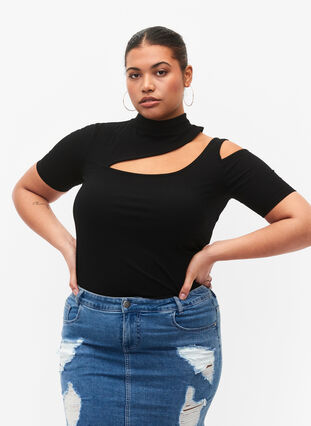 Kurzärmelige Bluse mit Cut-Out, Black, Model image number 0