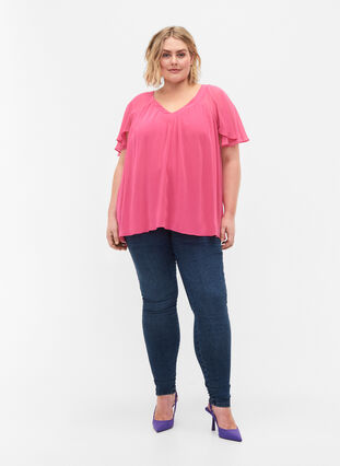 Einfarbige Bluse mit Fledermausärmeln und V-Ausschnitt, Shocking Pink, Model image number 2