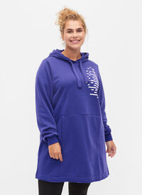 Langes Sweatshirt mit Kapuze und Taschen, Deep Blue, Model