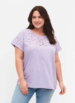 Lockeres T-Shirt mit Broderie anglaise, Lavender, Model image number 0