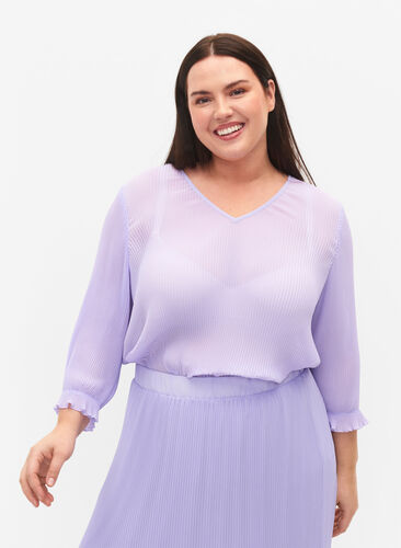Plissierte Bluse mit 3/4-Ärmeln, Lavender, Model image number 0