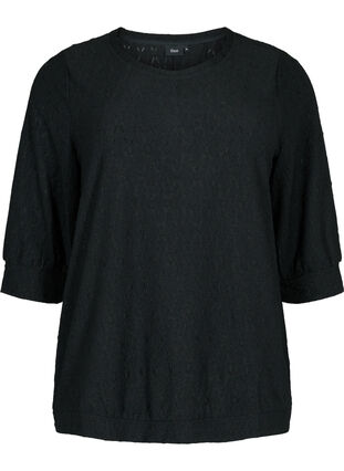 Bluse mit 3/4 Ärmeln und Strukturmuster, Black, Packshot image number 0