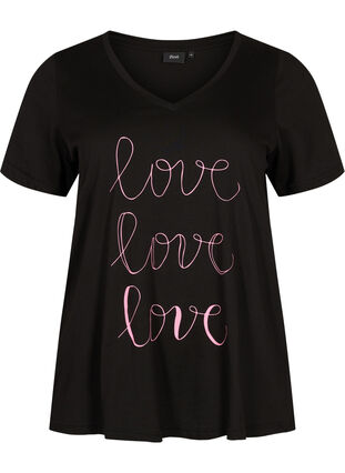 T-Shirt aus Baumwolle mit V-Ausschnitt und Druck, Black W. Love, Packshot image number 0