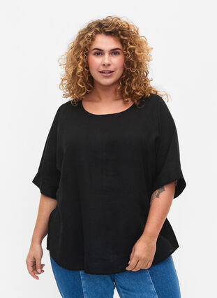 Kurzärmelige Bluse aus 100% Leinen, Black, Model image number 0