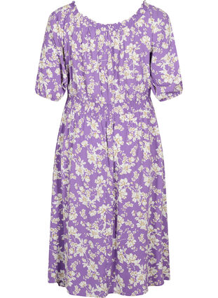 Florales Off-Shoulder Midi-Kleid aus Viskose, Purple Flower AOP, Packshot image number 1