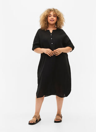 Kurzärmeliges Kleid aus 100% Leinen, Black, Model image number 2