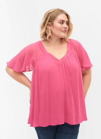 Einfarbige Bluse mit Fledermausärmeln und V-Ausschnitt, Shocking Pink, Model