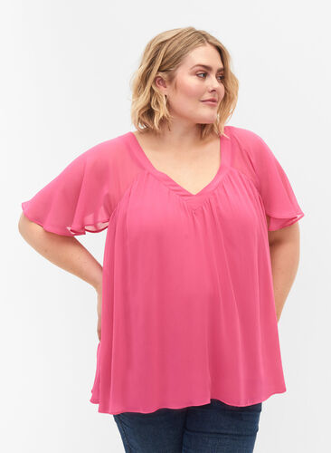 Einfarbige Bluse mit Fledermausärmeln und V-Ausschnitt, Shocking Pink, Model image number 0
