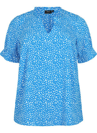 Kurzärmelige Bluse mit Druck, Blue Ditsy, Packshot image number 0