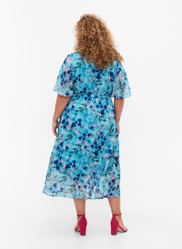 Kurzärmeliges Wrap-Kleid mit Blumenprint, Trellis AOP, Model image number 0