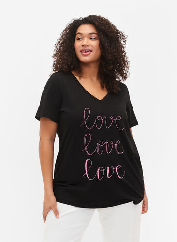 T-Shirt aus Baumwolle mit V-Ausschnitt und Druck, Black W. Love, Model image number 0