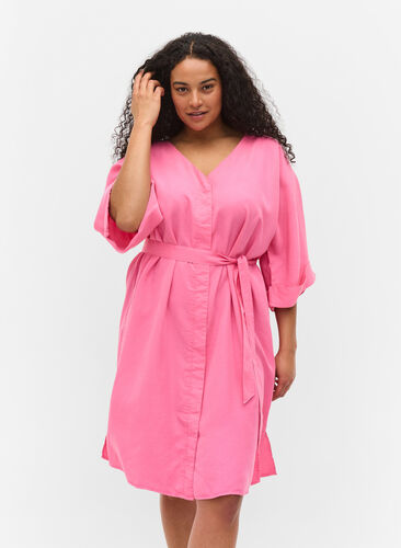 Kleid mit 3/4-Ärmeln und Bindeband, Shocking Pink, Model image number 0