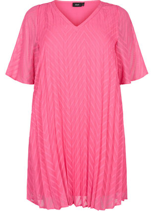 Kurzärmeliges Kleid mit Struktur , Shocking Pink, Packshot image number 0