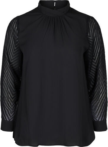 Hochgeschlossene Bluse mit langen, transparenten Ärmeln, Black, Packshot image number 0