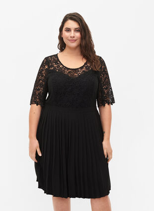 Kurzärmeliges Kleid mit Spitzenoberteil, Black, Model image number 0