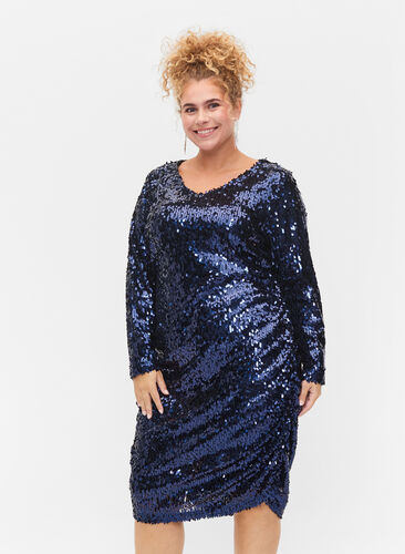 Kleid mit Pailletten und V-Ausschnitt, Evening Blue, Model image number 0