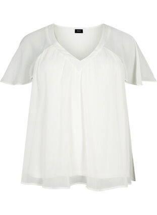 Einfarbige Bluse mit Fledermausärmeln und V-Ausschnitt, Warm Off-white, Packshot image number 0
