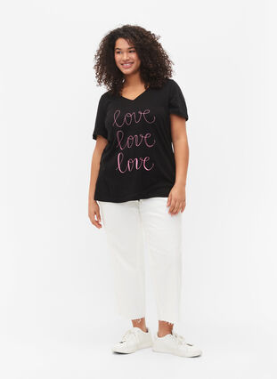 T-Shirt aus Baumwolle mit V-Ausschnitt und Druck, Black W. Love, Model image number 2