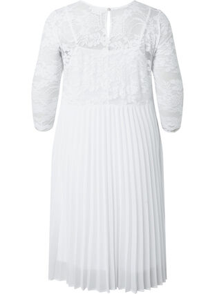 Plissiertes Kleid mit Spitze und 3/4-Ärmeln, Bright White, Packshot image number 1