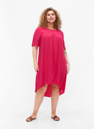 Viskose-Kleid mit Spitzenband, Bright Rose, Model image number 2