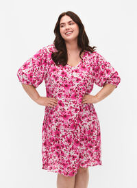 Geblümtes Kleid aus Viskose mit A-Linie, Pink Flower Rain, Model