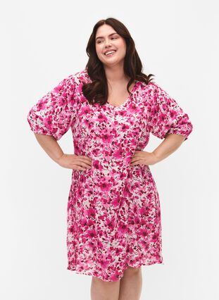 Geblümtes Kleid aus Viskose mit A-Linie, Pink Flower Rain, Model image number 0